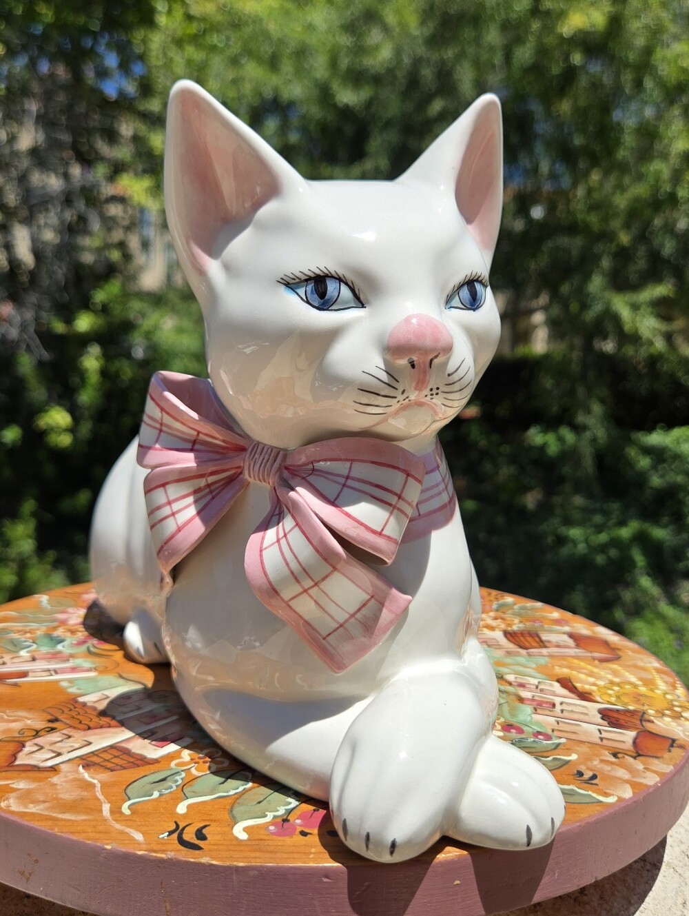VTG Port O Cale Italy White Ceramic Cat Figurine Pink Plaid Bow Hand Painted MCM
